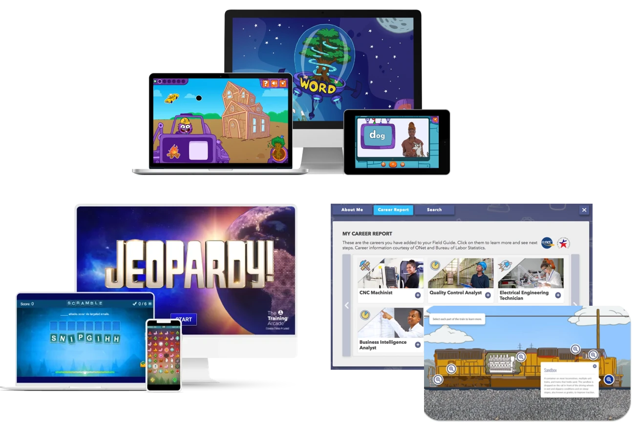 Screens from WordForce, The Training Arcade's Jeopardy and Scramble games, and Endeavour's career report and train explorer